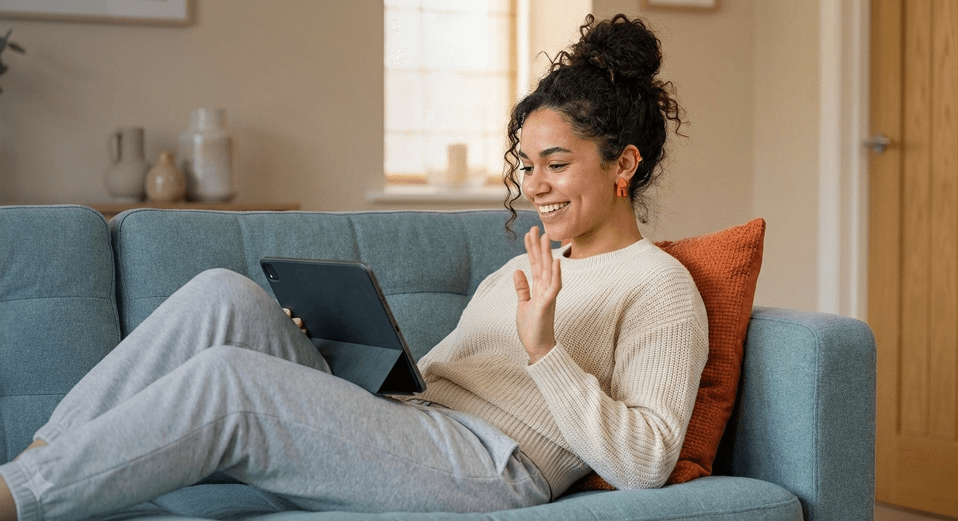 Mulher sentada no sofá fazendo uma videochamada usando um tablet
